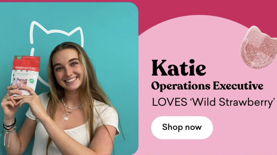 A graphic with a photo of Katie on the left holding a bag of sweets. On the right there is text and a picture of a sweet. Text reads: Katie Operations Executive LOVES Wild Strawberry Shop now